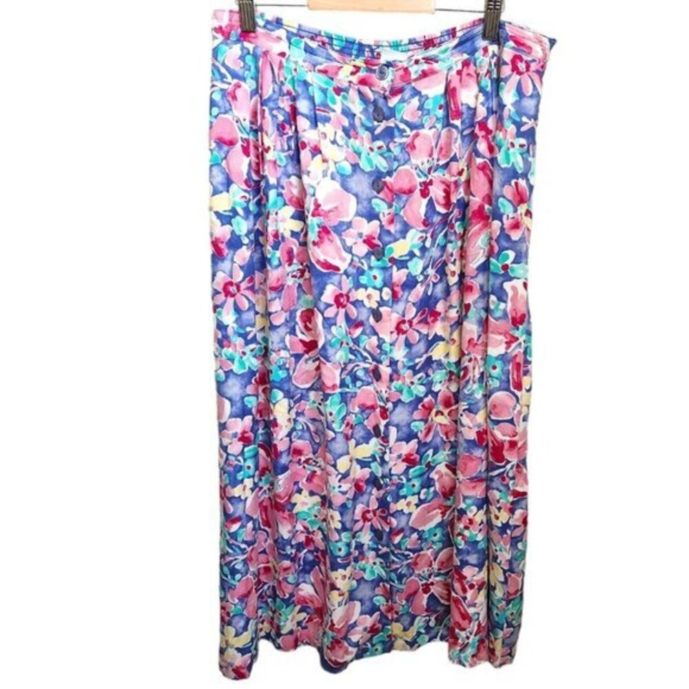 Vintage Boho Maxi Skirt Women Size 14 Pink Floral Button Front Cottagecore‎